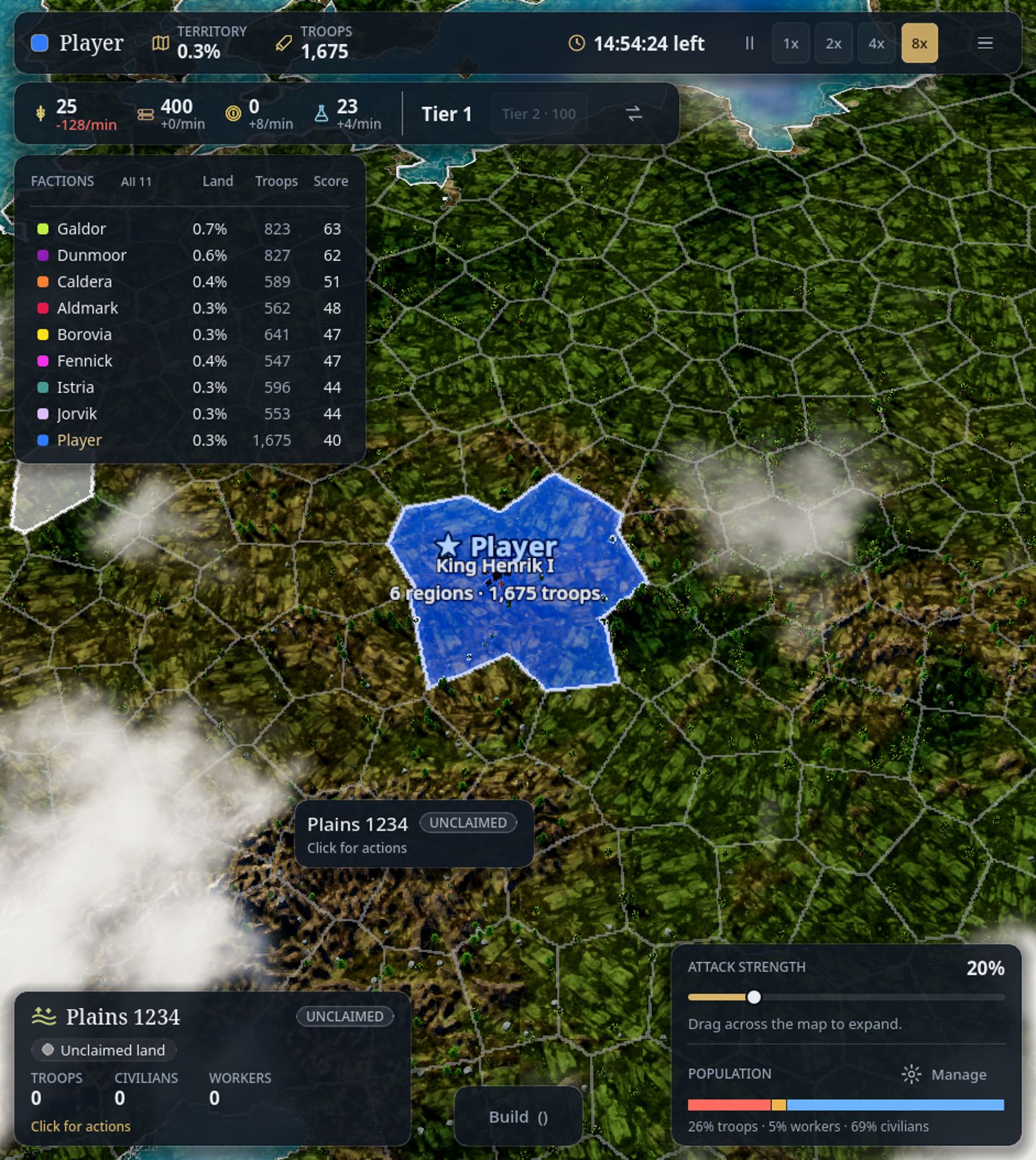 A realm on the map of Europe, with its faction list and population